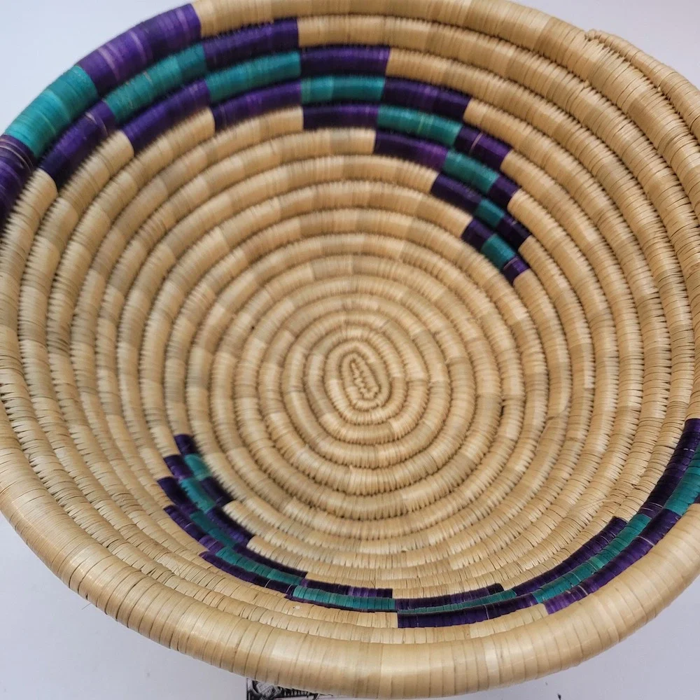 Woven Basket Bowl Home Decor Purple Teal Tan Handcrafted Coiled 9in Weave